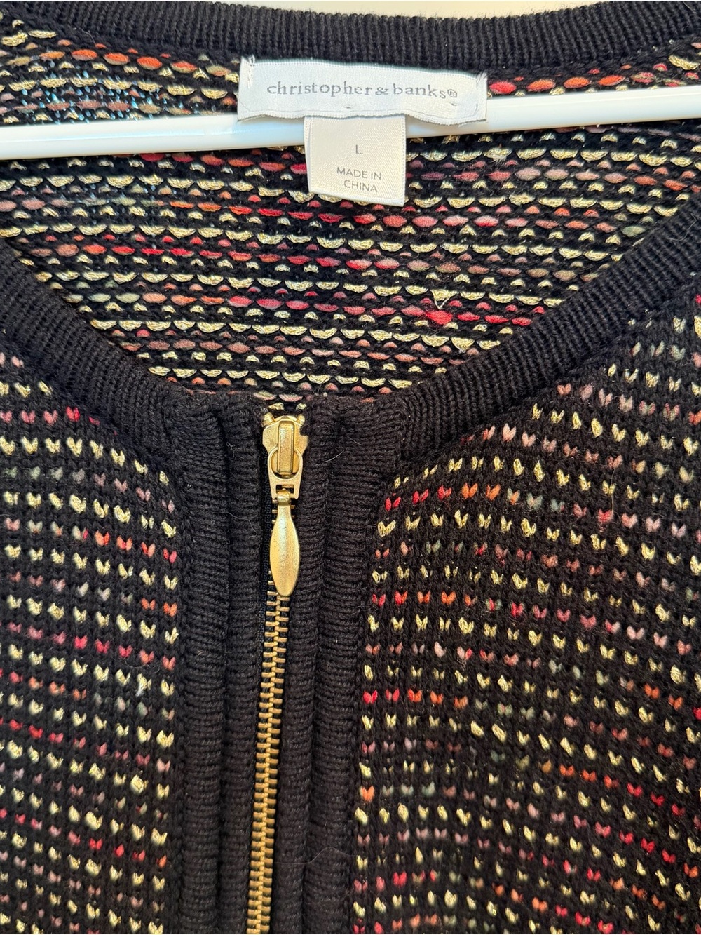Christopher & Banks Black Multicolor Sweater Gold Zip-Front Women's large